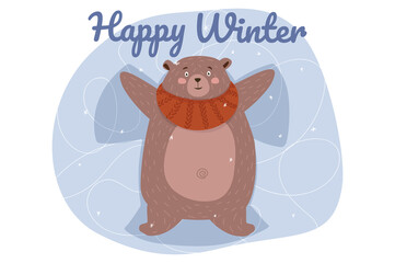 Happy winter concept background. Cute animal greeting wintertime. Happy bear in knitted scarf lies and makes snow angel. Funny pet doing seasonal activity. Vector illustration in flat cartoon design