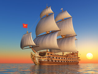 Französisches Kriegsschiff aus dem 18. Jahrhundert bei Sonnenuntergang © Michael Rosskothen