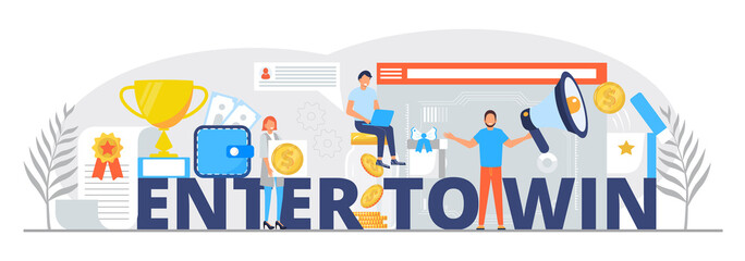 Enter to win concept vector. Temawork, tiny people offer money, coins, prize winner.