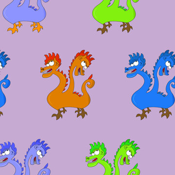 Seamless pattern of cartoon  colorful   dragon monster  on a monochrome background. cute scary baby heroes pattern, design for kids