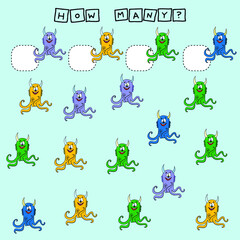 How many counting game with funny cute monsters. Worksheet for preschool kids, kids activity sheet, printable worksheet

