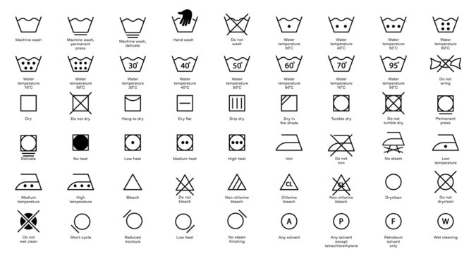 Laundry Instruction Line Icon Set. Care Wash Information Symbol Collection. Hand or Machine Wash, Use Iron, Dry, Cleaning Cotton Cloth Linear Sign. Editable Stroke. Isolated Vector Illustration