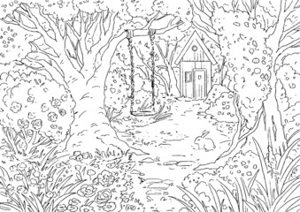 Wonderful garden with swing, rabbit and little garden house. Beautiful landscape with big trees, bushes and flowers. Black and white vector illustration