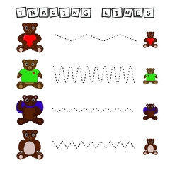 Trace line worksheet with colorful bears for kids, practicing fine motor skills.  Educational game for preschool children. 
