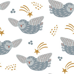 Seamless pattern with owls and abstract shapes and stars. Creative woodland childish texture. Great for fabric, textile