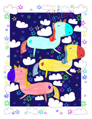 A bright multicolored illustration depicting cute nocturnal, magical unicorns. Design for prints and postcards.
