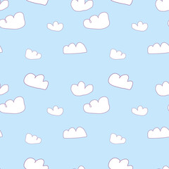 Cute seamless pattern depicting the sky with clouds. The drawing is made in the style of a children's drawing. Design for textiles and wallpaper.
