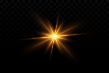 Light effect. Golden bright star, yellow sun. Starlight, shining light.