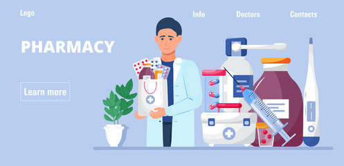 Pharmacy online shop concept for Ui, web, homepage. Pharmacist sells medications, pills.