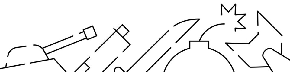 Military, army, war related horizontal banner or bottom border template background. Flat line vector illustration isolated on white.