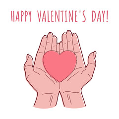 Happy Valentine's Day greeting card. Heart in hands. Sketch. Vector illustration.