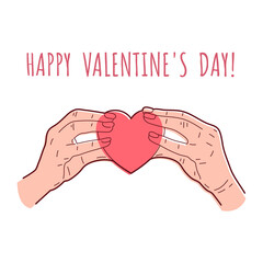 Happy Valentine's Day greeting card. Two hands holding red heart together. Vector illustration.