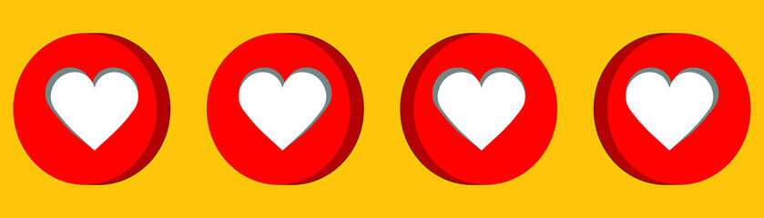 Set Of Heart Icons On Red Background Isolated On White Background. social networks. 3d rendering 
