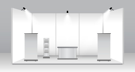 set of realistic trade exhibition stand or white blank exhibition kiosk or stand booth corporate commercial. eps vector
