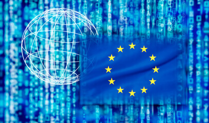 Digital power Europe with European flag, matrix and globe