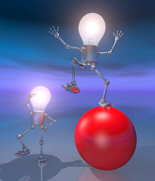 Glühbirnen Figuren mit rotem Ball bei Nacht