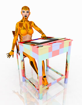 Humanoider weiblicher Roboter mit Schreibtisch