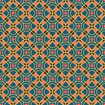 Seamless pattern with intertwined lines creating an abstract yellow-pink-black pattern on a blue background. Used for packaging, fabrics, backgrounds and other products.
