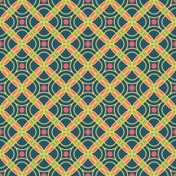 Seamless pattern with intertwined lines creating an abstract yellow-pink-black pattern on a blue background. Used for packaging, fabrics, backgrounds and other products.