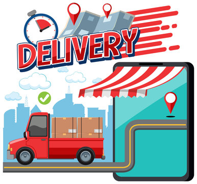Delivery logotype with pickup car and smartphone