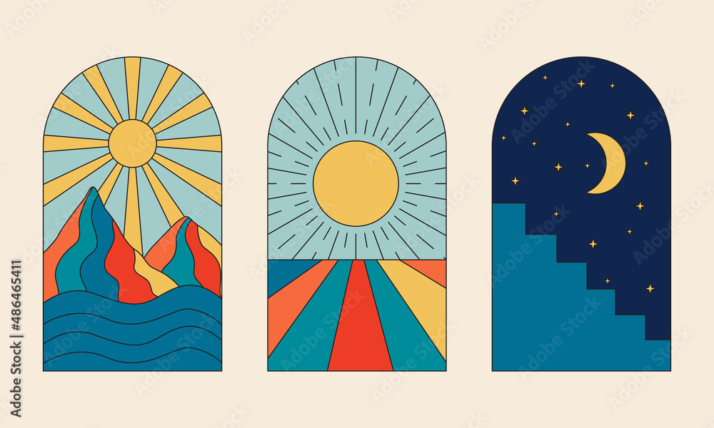 Poster vector set of 70s psychedelic arched windows with a view. retro groovy graphic elements with abstrac