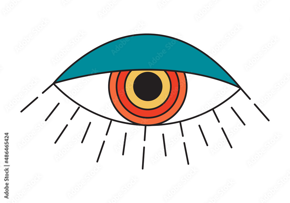 Poster vector 70s psychedelic eye with abstract reflection. retro groovy element for design and print. cart