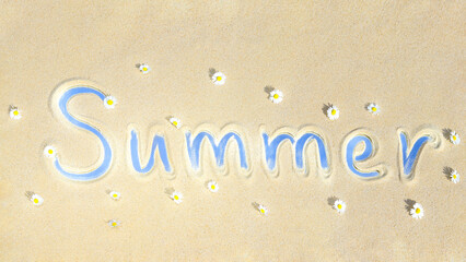 Sea coast.Inscription summer sand at beach. Concept of vacation time.The inscription Summer is written on the sand .Banner Summer Background .Sea ​​vacation. Concept of travel and vacation time