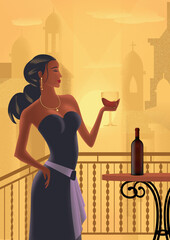 woman drink red wine. Art deco inspired Wall Art 