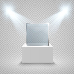 Glass showcase for the exhibition in the form of a cube. Background for sale illuminated by spotlights. Museum glass box isolated advertising or business design boutique. Exhibition hall.
