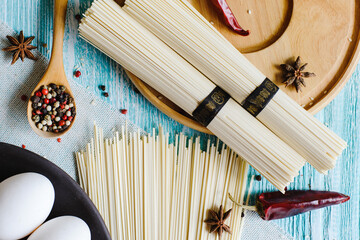 Glass noodles, funchosa, rice noodles, buckwheat noodles, wheat noodles with spices, peppers,...