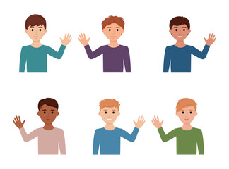 Kid boys waving their hands hello, bye. Children waving in greeting, goodbye. Vector illustration