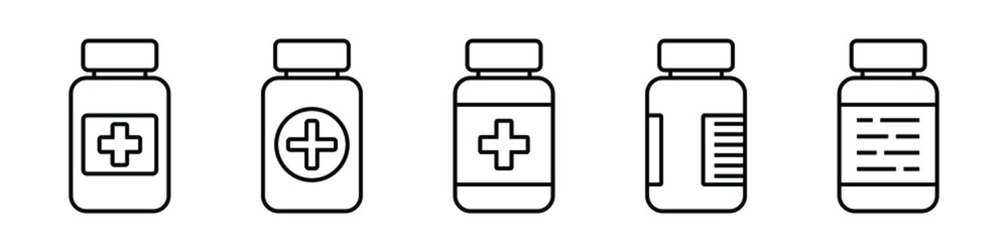 Medicine bottle line icon. Black and white icon. Vector illustration