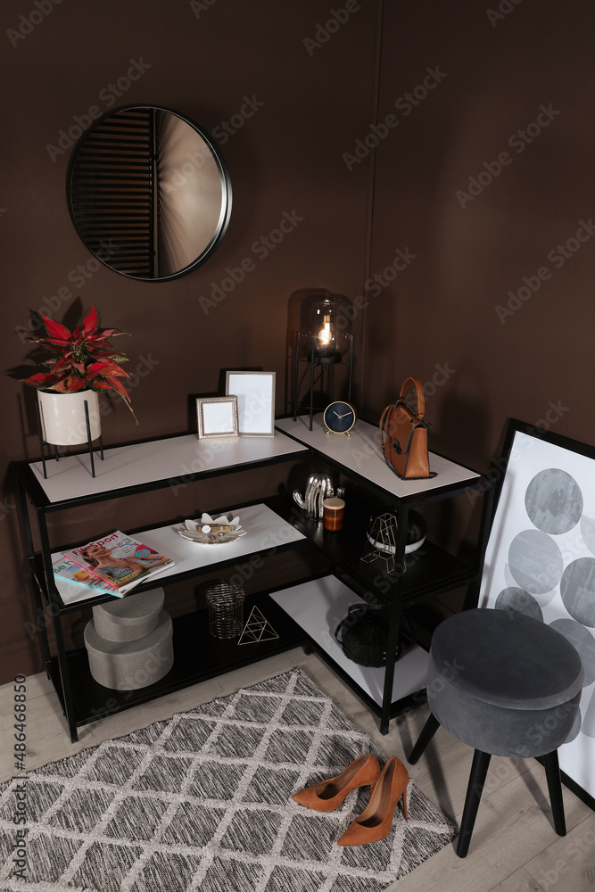 Wall mural Hallway interior with console table and stylish decor, above view