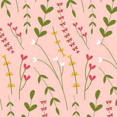 Flowers and plants. Hand drawn floral collection with flowers pattern with pink and green colours.