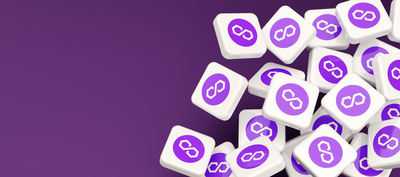 Guilherand-Granges, France - February 10, 2022. Cubes with Polygon logo. Network of secure Layer 2 solutions and autonomous sidechains. Cryptocurrency platform (MATIC)..