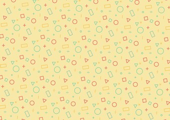 Seamless cube, circles, triangle pattern on yellow background