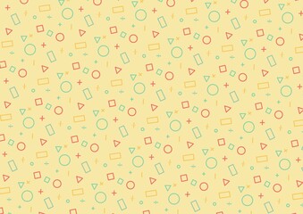 Seamless cube, circles, triangle pattern on yellow background