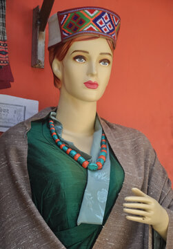 Closeup of a female mannequin in himachali traditional (North indian) dress and himachali topi