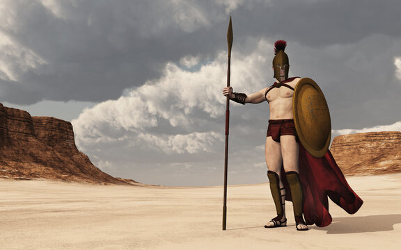 Spartanischer Krieger aus dem antiken Griechenland in einer Landschaft
