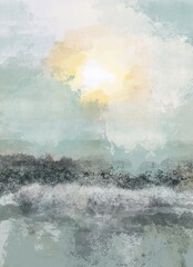 Boho Sea Beach with Waves Print with Sun under the sea. Abstract Background. Bohemian printable wall art, boho poster, pastel abstract art, landscape drawing, sea painting. Hand Drawn Effect