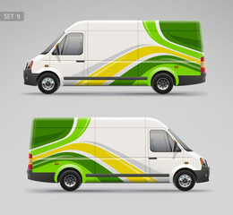 Van mockup and wrap decal for company branding design and corporate identity. Abstract graphic of green stripes Wrap, sticker and decal design for advertising on services van and race car