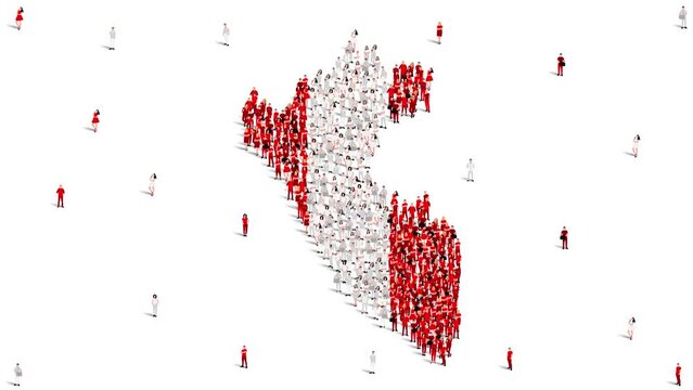 Peru Map and Flag. A large group of people in the Peru flag color form to create the map. 4K Animation Video.
