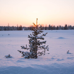 Pine tree covered with snow at sunset, winter forest landscape, copy space