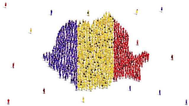 Romania Map and Flag. A large group of people in the Romanian flag color form to create the map. 4K Animation Video.