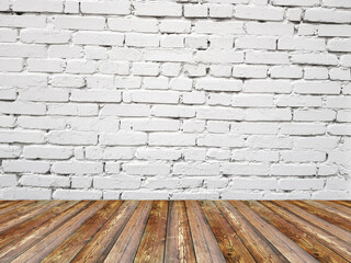 white brick wall and wood floor.