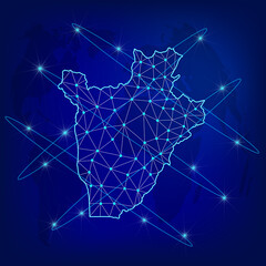 Global logistics network concept. Communications network map Burundi on the world background. Map Republic of Burundi with nodes in polygonal style. EPS10.