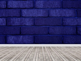 Brick wall interior nave blue background with a wooden floor