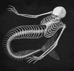 Black and white illustration of skeleton mermaid skeleton on a textured  black background