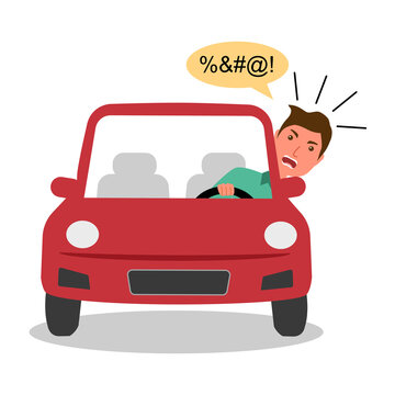 Angry car driver shouting in flat design on white background. Road rage concept vector illustration. 