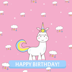 Birthday card with unicorn and clouds in the background